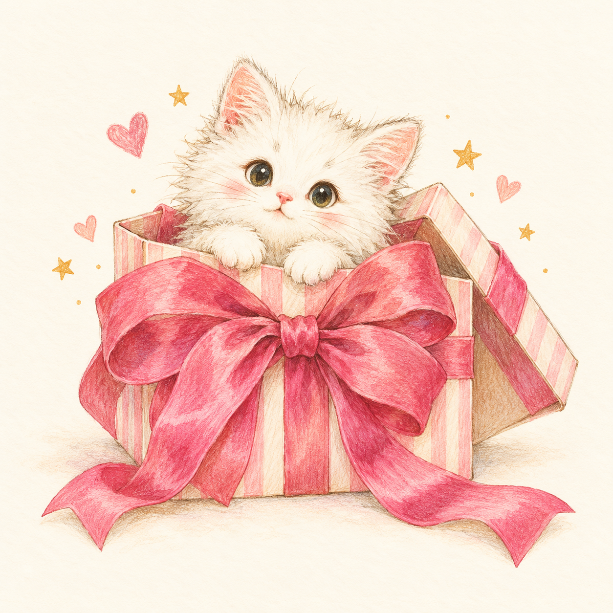 手绘小猫从粉色蝴蝶结生日礼盒中探出头